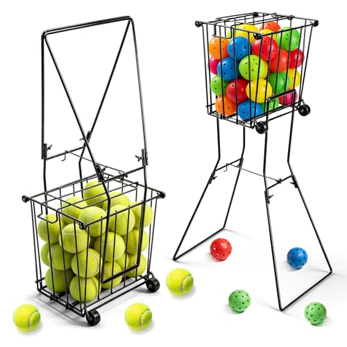 ParseBio Portable Pickleball Tennis Ball Collector with Wheel, 90 Tennis Balls Capacity, Pickleball Retriever Basket Carrier Gatherer Picker Hopper Container