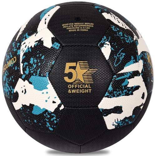 KUYOTQ Soccer Ball, Machine Stitched PU/TPU Leather Soccer Ball Match & Training for Kids Youth Adult, Professional Construction for Durable in and Outdoor Use with Superior Touch