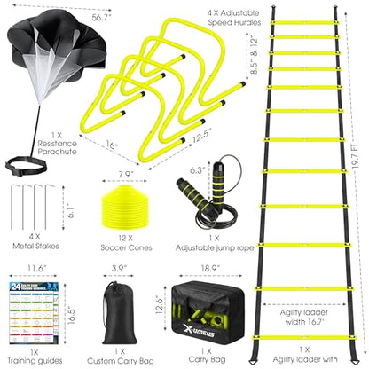 X-UMEUS Agility Ladder Speed Training Equipment Set-20ft Agility Ladder,12 Soccer Cones,4 Hurdles, Jump Rope, Running Parachute| Basketball Football Soccer Training Equipment for Kids Youth Adults - color: Optic Green