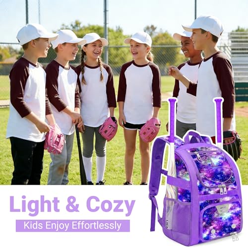 Youth Baseball Bag - Softball Bag for Girls & Boys with Shoes Compartment, Bat Backpack for Baseball, T-Ball & Softball Equipment - color: Starry Sky-Purple