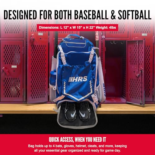 Hit Run Steal Bat Bag Backpack, Holds 4 Bats, Gloves, Helmet, and Cleats, Royal Blue