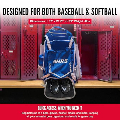 Hit Run Steal Bat Bag Backpack, Holds 4 Bats, Gloves, Helmet, and Cleats, Royal Blue