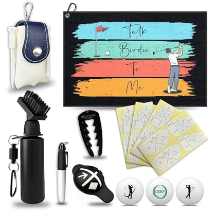 Golf Essentials Accessories Set for Men – Golf Towel, Golf Impact Stickers, Ball Marker with Pen, Cleaning Brush, Golf Balls & Tee Holder, Tee Alignment Tool – Thoughtful Golf Gift Set