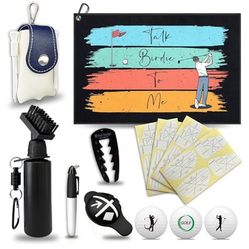 Golf Essentials Accessories Set for Men – Golf Towel, Golf Impact Stickers, Ball Marker with Pen, Cleaning Brush, Golf Balls & Tee Holder, Tee Alignment Tool – Thoughtful Golf Gift Set