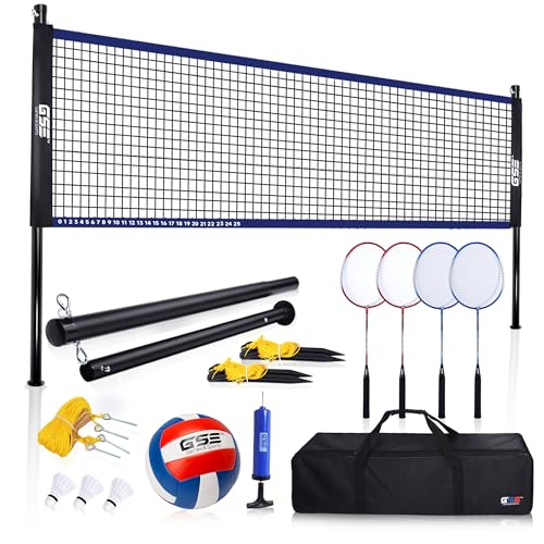GSE Games & Sports Expert Outdoor Badminton and Volleyball Combo Set, Yard Net Game Set with Ball, Pump, Boundary Line and Carry Bag for Backyard, Beach, Lawn and Park, Family Games - color: Portable Badminton/Volleyball Set