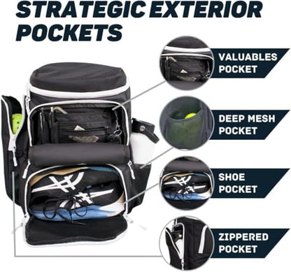 Pickleball Bag for Men and Women - Fits 2 to 4 Paddles - Shoe Compartment, Fence Hook, Storage Pockets for Water Bottles, Pickleballs, Clothing, Racquet/Paddle Storage - Pickle Ball Backpack