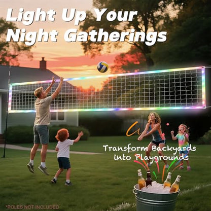 LED Volleyball Net Outdoor with Long-Lasting Lights & Reinforced Tear-Resistant Nylon, Multi-Stunning Night Modes, 46FT Extra-Long Steel Cable for Backyard & Beach (32x3FT)