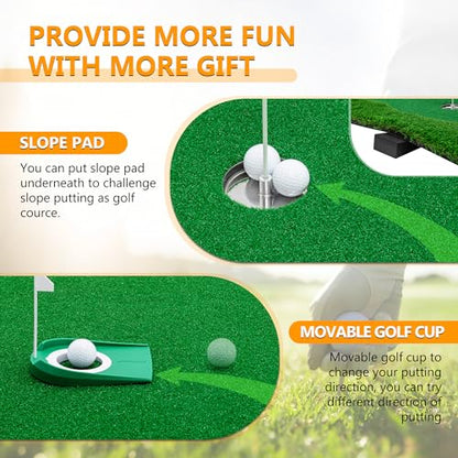 Premium Golf Putting Green Mat for Indoor & Outdoor, 3 Holes with Flags, Realistic Turf & Non-Slip Base, Practice Putting Mat with 6 Balls & Slope Pads - size: 9'10" x 4'11" (L x W)