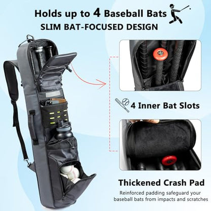 Rolling Baseball Bat Bag with Wheels, Large Capacity Gear Bag Holds 4 Bats, Reinforced Hard Base & Structured Back Panel, Top & Bottom Grab Handles, Shoe & Helmet Compartments for Youth &Adult Players - color: Grey - Slim Style - No Wheels