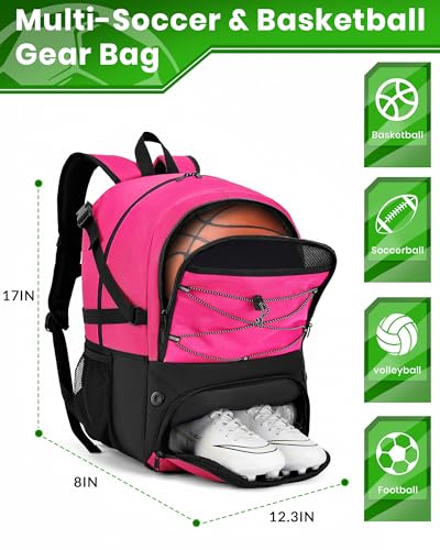 Hsmihair Basketball Backpack Large Sports Bag for Men&Youth,Gym Bag with Separate Ball & Shoes Compartment,Travel Bag for Basketball,Soccer,Volleyball - color: Deep Pink