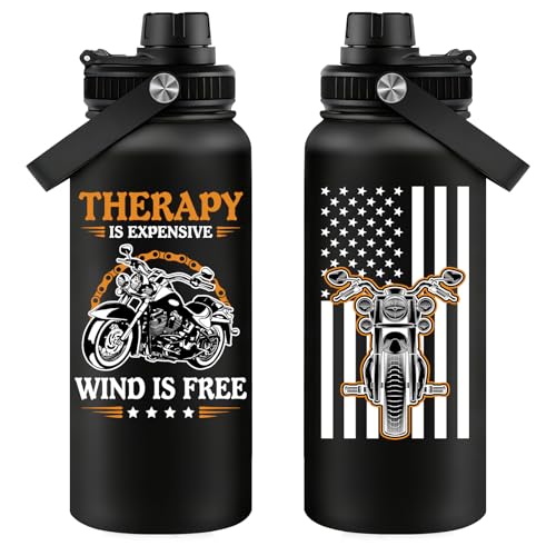 Fufandi Motorcycle Gifts for Men - Therapy Is Expensive Wind Is Free Motorcycle Gifts Tumbler - Christmas Fathers Day Gift for Motorcycle Lovers, Dad, Boyfriend - Motorcycle Water Bottle 32oz - color: Motorcycle Black