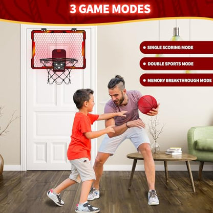 HYES Basketball Hoop Indoor, Mini Basket Ball Hoop with 7 LED Lighting, Scoreboard, Over Door Basketball Hoop with 3 Modes, Volume Adjustable, Foldable, Basketball Toys Gifts for Kids Adults - size: red- with remote controller
