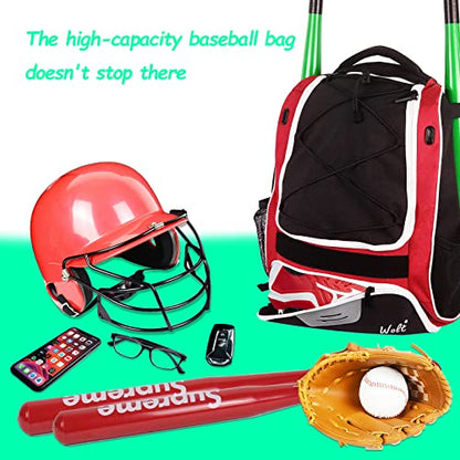 WOLT Youth Baseball Bag - Bat Backpack for Baseball, T-Ball & Softball Equipment & Gear, Bat & Glove Holder, Large Main Compartment for Helmet & accessories, Separate Shoes Compartment, Fence Hook - color: Red