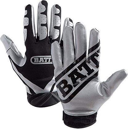Battle Sports Ultra-Stick Wide Receiver Football Gloves - Adult & Youth Football Gloves - color: Silver/Black, size: Youth Medium