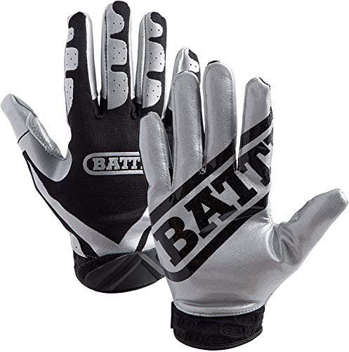 Battle Sports Ultra-Stick Wide Receiver Football Gloves - Adult & Youth Football Gloves - color: Silver/Black, size: Youth Medium