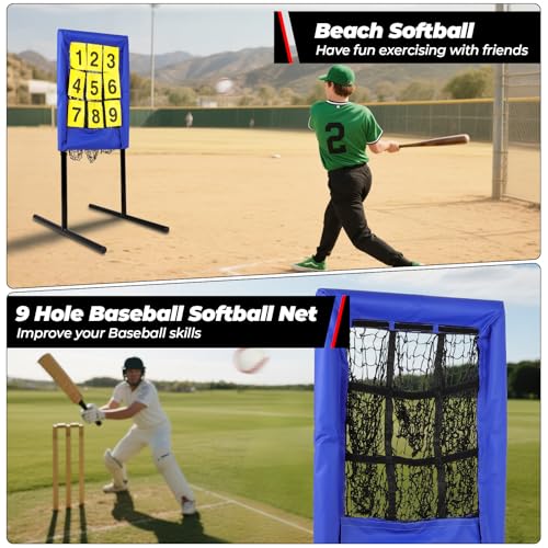 FAHKNSHeavy-Duty Pitching Net, 9 Hole Pitching Net with Strike Zone Removable Digital Targets,3 Height Adjustable Throwing Trainer for Baseball & Softball with Ball - color: blue