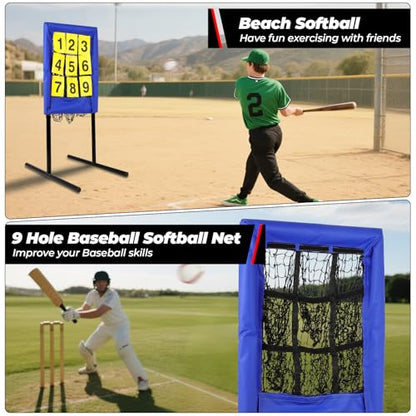 FAHKNSHeavy-Duty Pitching Net, 9 Hole Pitching Net with Strike Zone Removable Digital Targets,3 Height Adjustable Throwing Trainer for Baseball & Softball with Ball - color: blue