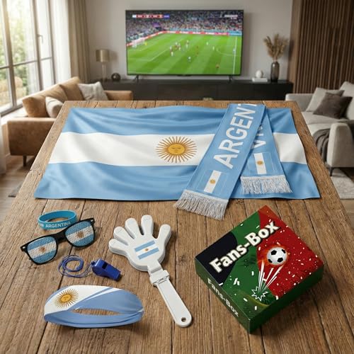 Soccer Fan Gear Set 2026-7 Piece Game Day Kit with Flag, Scarf, Glasses, Whistle, Clapper, Wristband & Headband in Gift Box - Watch Party & Stadium Essentials for Argentina - color: Argentina