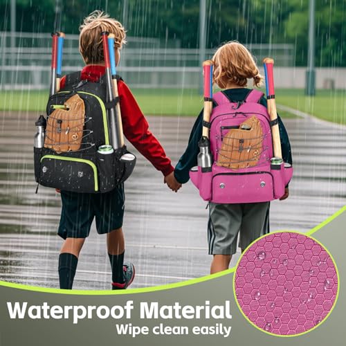 MATEIN Baseball Bat Bag for 4 Bats with Ball Pocket, Lightweight Youth Baseball Backpack with Shoe Compartment, Large Capacity Softball Equipment Bag with Fence Hook for TBall Gear, Helmet, Glove - color: Pink