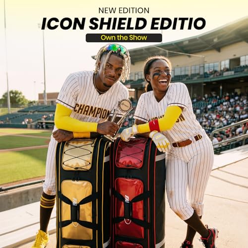 100L Rolling Catchers Gear Bag - Waterproof Baseball & Softball Duffle with 5 Fence Hooks, Locker-Style Organizer, Holds 8 Bats, Vented Shoe Zone - Icon Shield Edition