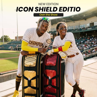 100L Rolling Catchers Gear Bag - Waterproof Baseball & Softball Duffle with 5 Fence Hooks, Locker-Style Organizer, Holds 8 Bats, Vented Shoe Zone - Icon Shield Edition