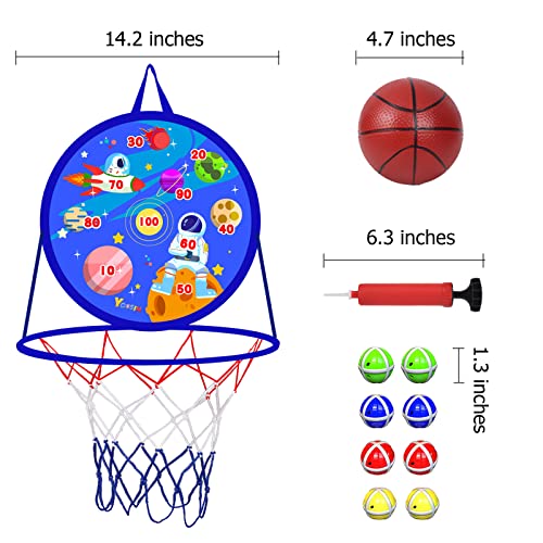 2 in 1 Basketball Hoop and Dart Board, 14" Dart Board for Kids, Basketball Hoop for Kids Toddlers, Sports & Outdoor Play, Birthday Gift Toys for 3 4 5 6 7 8 9 10 Year Old Boys Girls Kids, Party Favors - style: 2 in 1 Blue Outer Space Theme