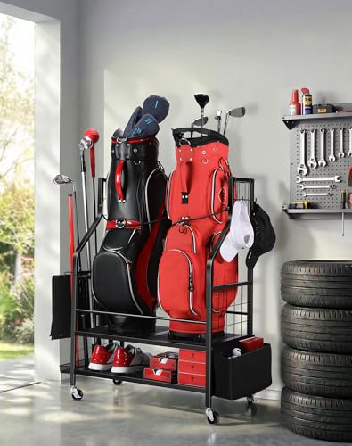 FHXZH Golf Bag Storage Garage Organizer - Golf Bag Stand Fit for 2 Bag, Extra Clubs, Balls, Shoes, and Golf Equipment Accessories, Golf Storage Rack for Garage, Club, Shed