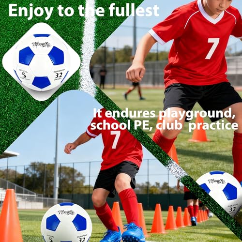 Soccer Ball Size 3 with Pump Needle, Size 3 Trainning Classic White Black Thicker PU Tight Weaved Suitable for Youth Boy League Game Trainning - color: White+Blue
