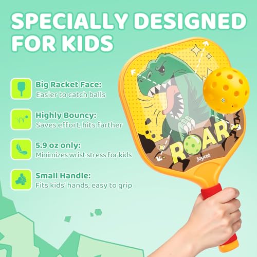 Joycat Kids Pickleball Paddles Set of 2, Lightweight Plastic Cute Pickleball Paddles with Small Grip, 2 Pickleballs, 1 Drawstring Bag,Indoor Outdoor Sport Gift for Kids,Beginner - style: Dinosaur