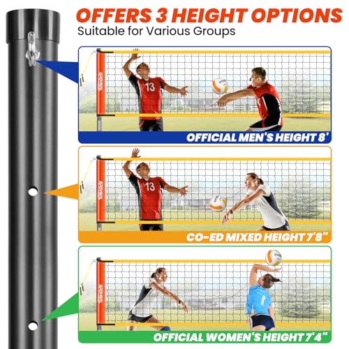 32FT Portable Volleyball Net System for Backyard - Adjustable Height Beach & Grass Court Sand-Resistant Outdoor Training Set with Pro-Grade Volleyball, Pump, Boundary Lines & Carry Bag(Bright Orange)