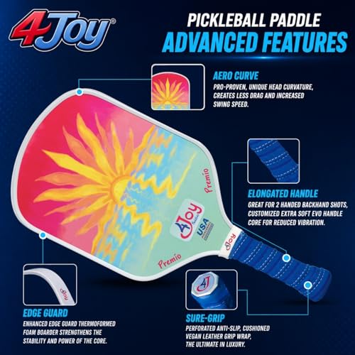 4Joy Pickleball Paddle Premio Series - Thermoformed Premium T700 Carbon Fiber Pickleball Paddless - Professional Pickleball Rackets for Women & Men - 16mm Honeycomb Core - USAP Approved - style: Sunset