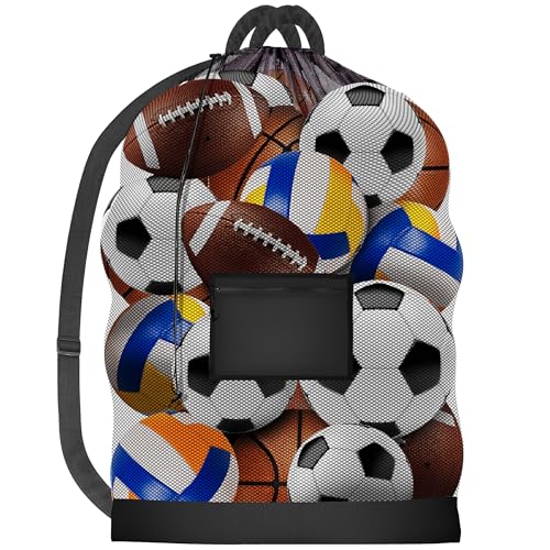 Handy Laundry Mesh Ball Bag - Up to 15 Balls Large Capacity Sports Equipment Bag Carrier with Adjustable Strap and Drawstring Closure - For Soccer, Basketball, Volleyball - size: 24 x 36