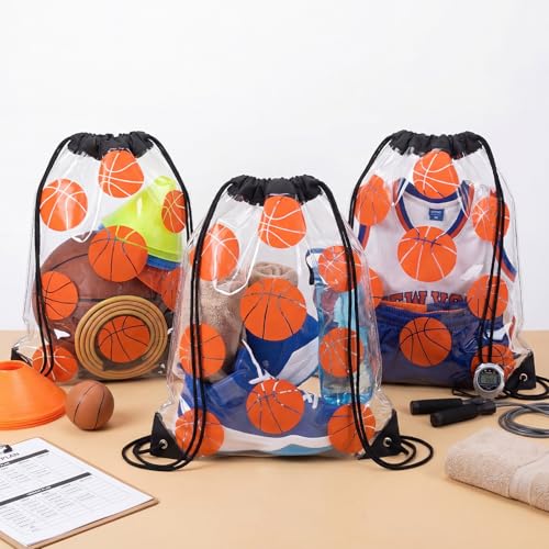 Cholemy 12 Pcs Clear Basketball Drawstring Bags 17 x 13 Inch Waterproof Plastic Gift Snack Goodie Bags for Team Sports Gym Events Stadium - style: Basketball Style