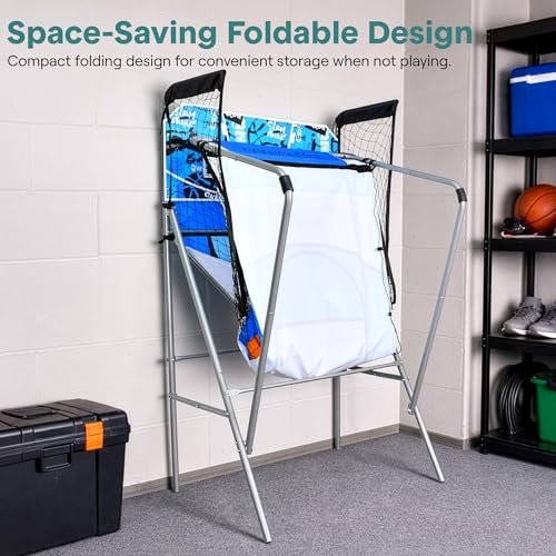 SereneLife Dual Shot Basketball Arcade Game with Electronic Scorer, 8 Game Modes, Indoor Outdoor 2 Player Basketball Shooting Game, Foldable Arcade Set with 5 Balls and Pump - style: Double Hoop, Heavy Duty