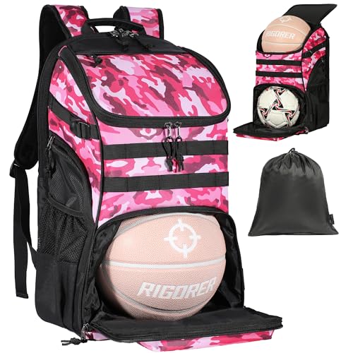 Basketball Backpack Women Fit Soccer Volleyball Baseball Football Sports Backpack Training Equipment Bag for Team - color: Pink Camo, size: L