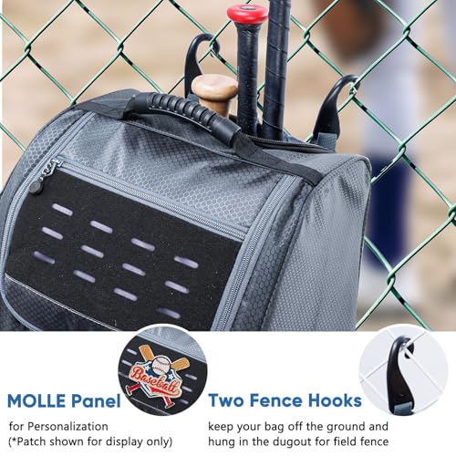 Rolling Baseball Bat Bag with Wheels, Large Capacity Gear Bag Holds 4 Bats, Reinforced Hard Base & Structured Back Panel, Top & Bottom Grab Handles, Shoe & Helmet Compartments for Youth &Adult Players - color: Grey