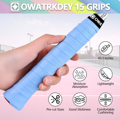 15 Pack Tennis Racket Grip Tape, Precut PU Anti-Slip Tennis Racquet Grip Tape with Dry Feel, Sweat Absorption, Comfortable Handle Overgrip Grip Wrap for Tennis/Badminton/Pickleball