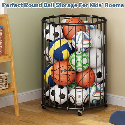 Hencawima Garage Ball Storage: Round Sports Equipment Organizer with Wheels, Sports Ball Rack With Elastic Rope, Ball Holder for Basketball, Soccer, Volleyball, Football, Garage, Gym, Outdoor (Black)