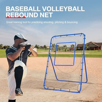 6 x 4 ft 5 Angles Adjustable Pitch Back Baseball Softball Lacrosse Volleyball Rebound Bounce Back Net with Strike Zone - color: Blue