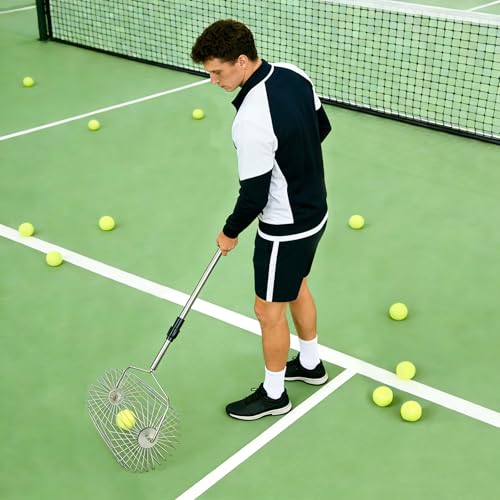 Stainless Steel Tennis Ball Picker Upper Adjustable Cylinder Hopper with Hangable Handle, Portable Tennis Ball Collector and Basket for Easy Pickup and Training, Holds 60+ Balls