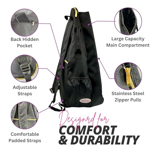 Womens Tennis Backpack - Taboo Fashions Ladies Tennis Bag Holds Two Racquets, Padded Straps and Side Carry Handle - color: Black, Gold