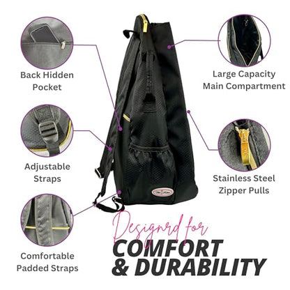 Womens Tennis Backpack - Taboo Fashions Ladies Tennis Bag Holds Two Racquets, Padded Straps and Side Carry Handle - color: Black, Gold