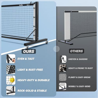 Pro Aluminum Pickleball Net with Carbon Fiber Paddle, Dual-Side Tension Lock System, Locking Wheels, 22FT Tournament Regulation Size for Outdoor Court, Driveway & Gym, Easy Setup, Carry Bag