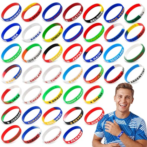 ELABEST 42PCS Soccer Silicone Wristbands for Fans, Country Color Rubber Bracelets for Game Day, Sports Tournament Party Favors, Team Spirit Bands