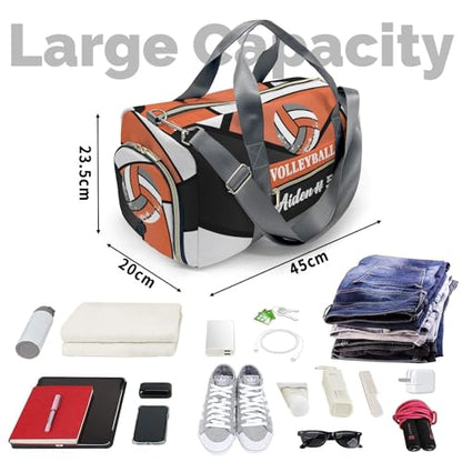 XOZOTY Personalized Orange Volleyball Duffle Bags with Name for Women Girls Custom Travel Perform Training Bags