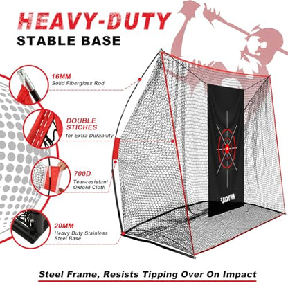 Pro Golf Net, 10x7ft Heavy Duty Golf Practice Net with Mat, Outdoor Indoor Hitting Nets with Noise Reduce Silk Target for Backyard Driving Chipping/Garage Training, Christmas Golf Gifts for Men Boys