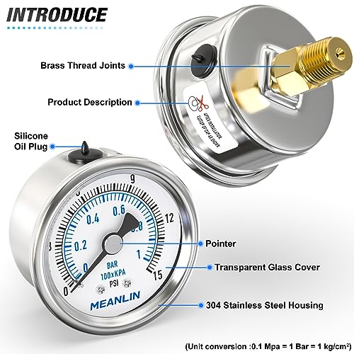 0~15Psi Dry Low Pressure Gauge Stainless Steel 1/4" NPT 2" FACE DIAL Waterproof for Water Oil Air Well Pump Tank Tire Pressure Test Back Mount, with 1/2" NPT and 3/8" NPT Hex Bushing - size: 0-15Psi