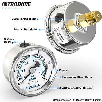 0~15Psi Dry Low Pressure Gauge Stainless Steel 1/4" NPT 2" FACE DIAL Waterproof for Water Oil Air Well Pump Tank Tire Pressure Test Back Mount, with 1/2" NPT and 3/8" NPT Hex Bushing - size: 0-15Psi