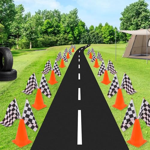 Mini Traffic Cones（With Hole on Top）with Racing Checkered Flags, Sports Safety Cones for Soccer Cones and Basketball Practice Equipment - Mini Orange Cones for Soccer Practice and Small Driving Practice Cones.Race Car Birthday Party Supplies, Kids Gift. (