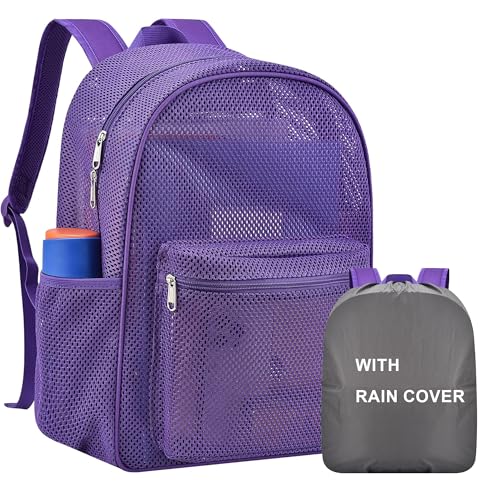 Oraben Heavy Duty Mesh Backpack, See Through College Backpack, Semi-transparent Mesh Pack Ideal for Work, Travel, or Beach Outings - color: Purple